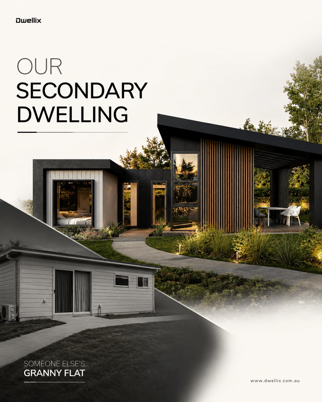 Dwellix secondary dwelling transformation, comparing an existing granny flat with a contemporary Dwellix design