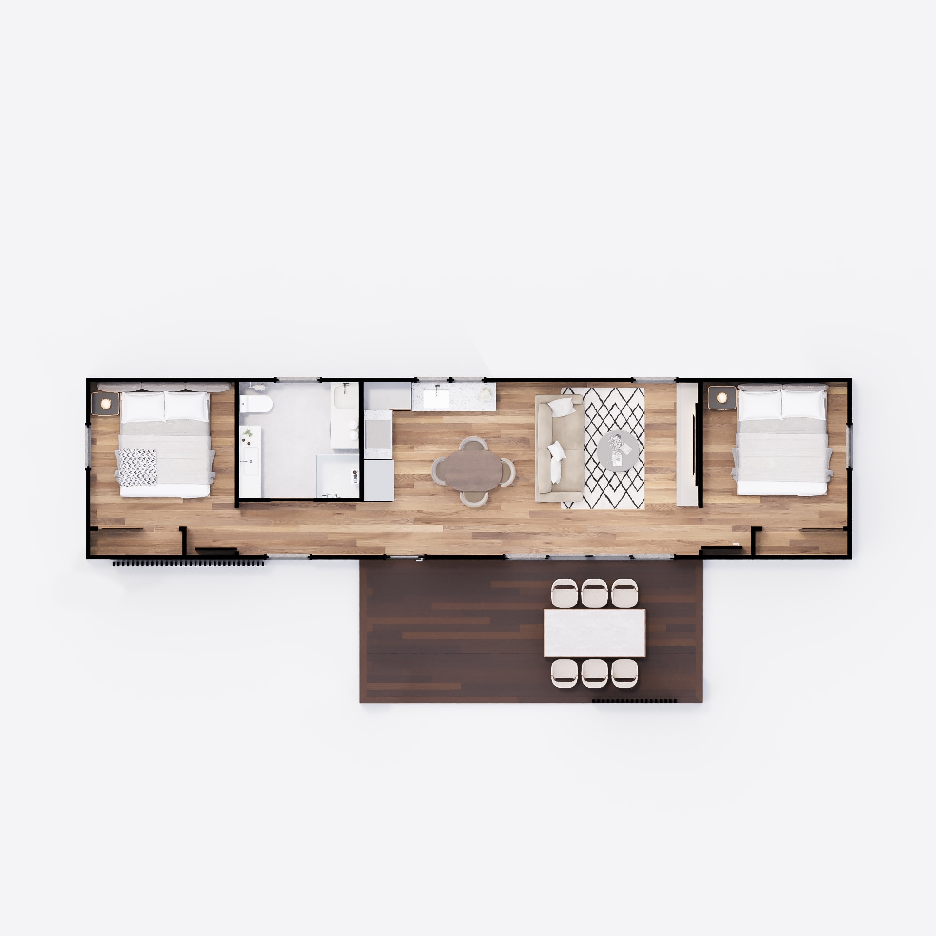 Dwellix 1 granny flat floor plan, top-down view