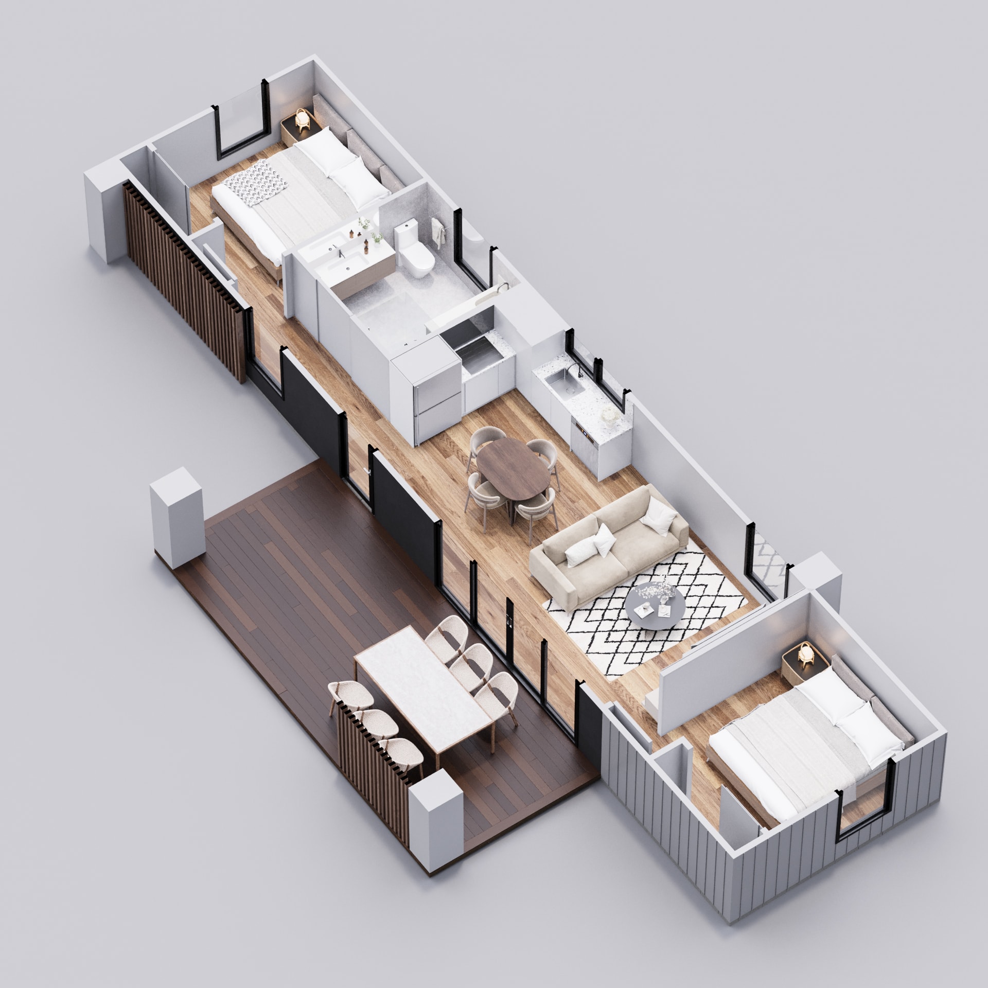 Dwellix 1 granny flat floor plan, 3D isometric view