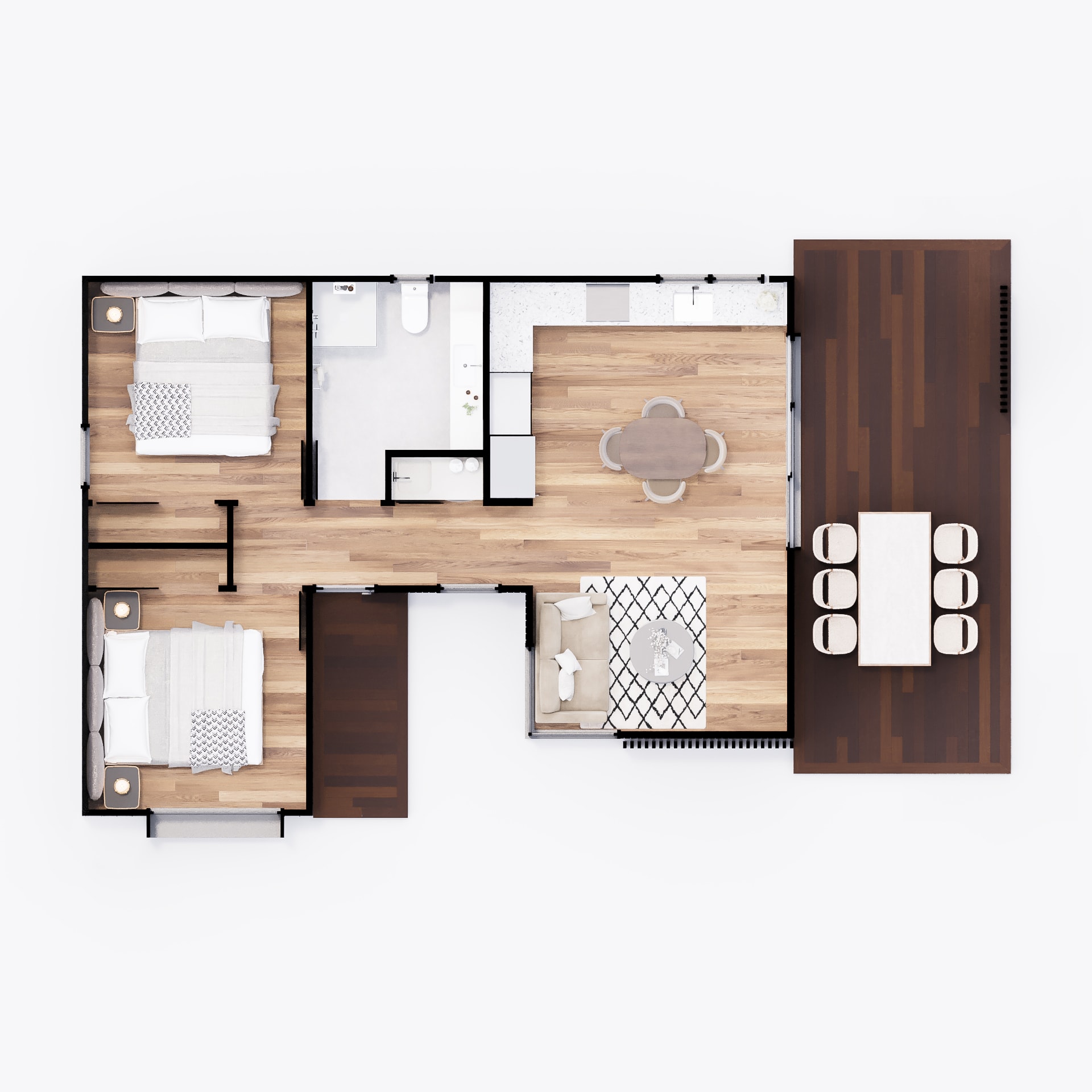 Dwellix 2 granny flat floor plan, top-down view