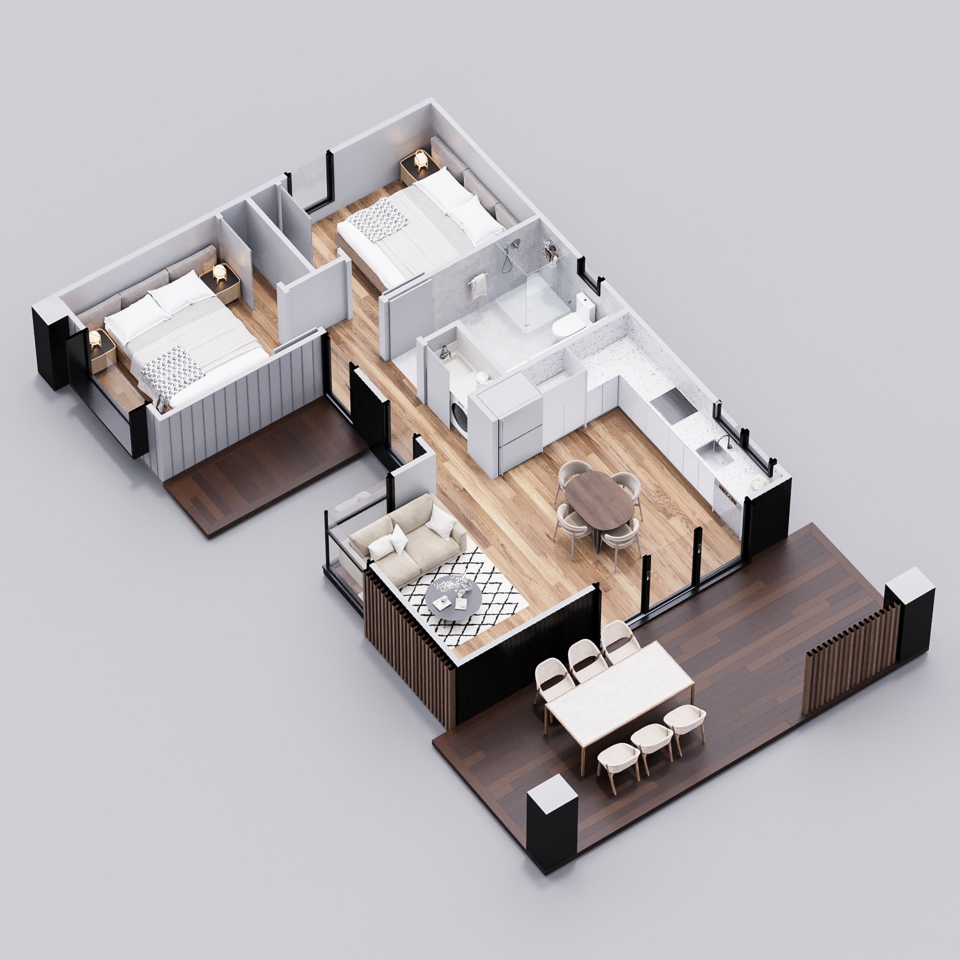 Dwellix 2 granny flat floor plan, 3D isometric view