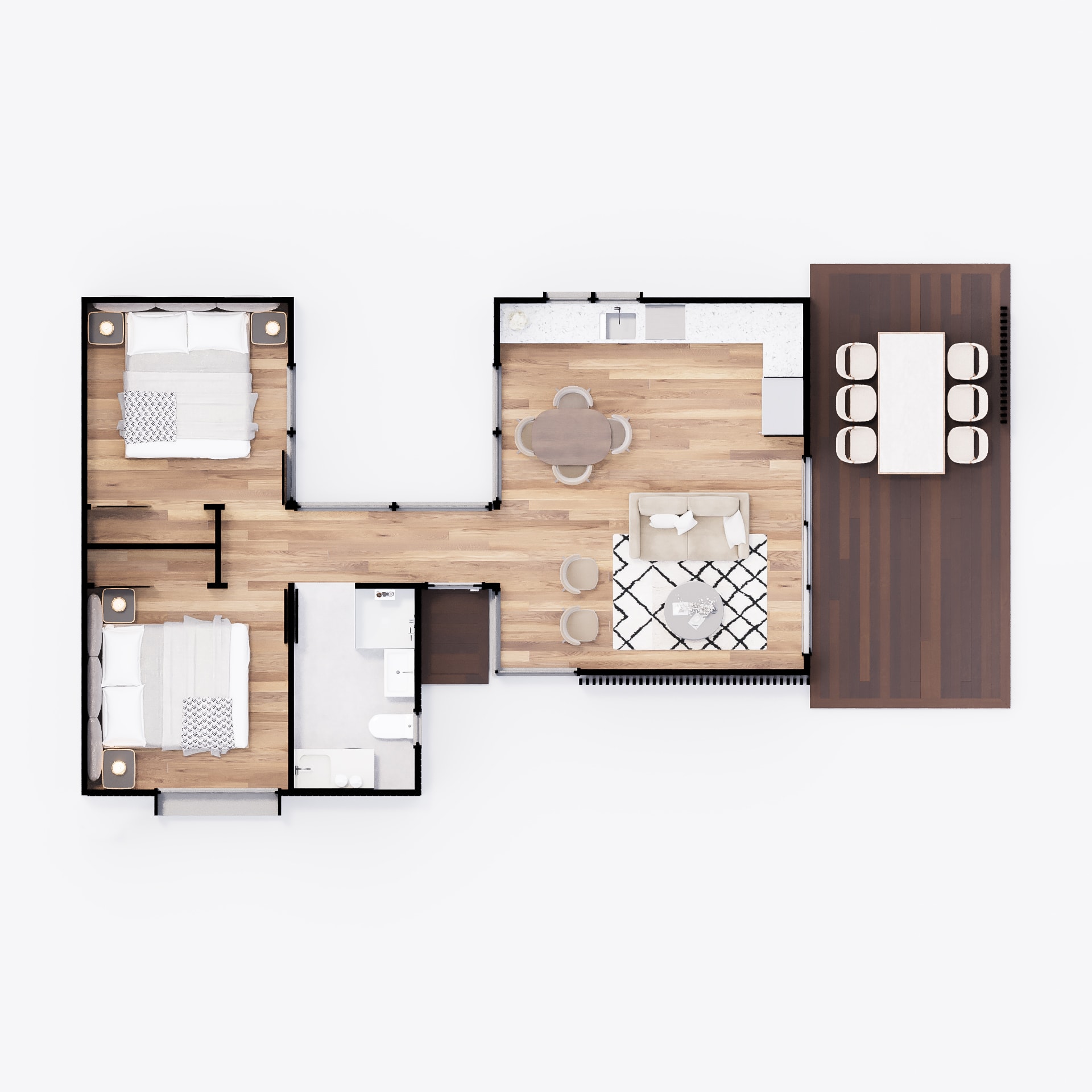 Dwellix 3 granny flat floor plan, top-down view