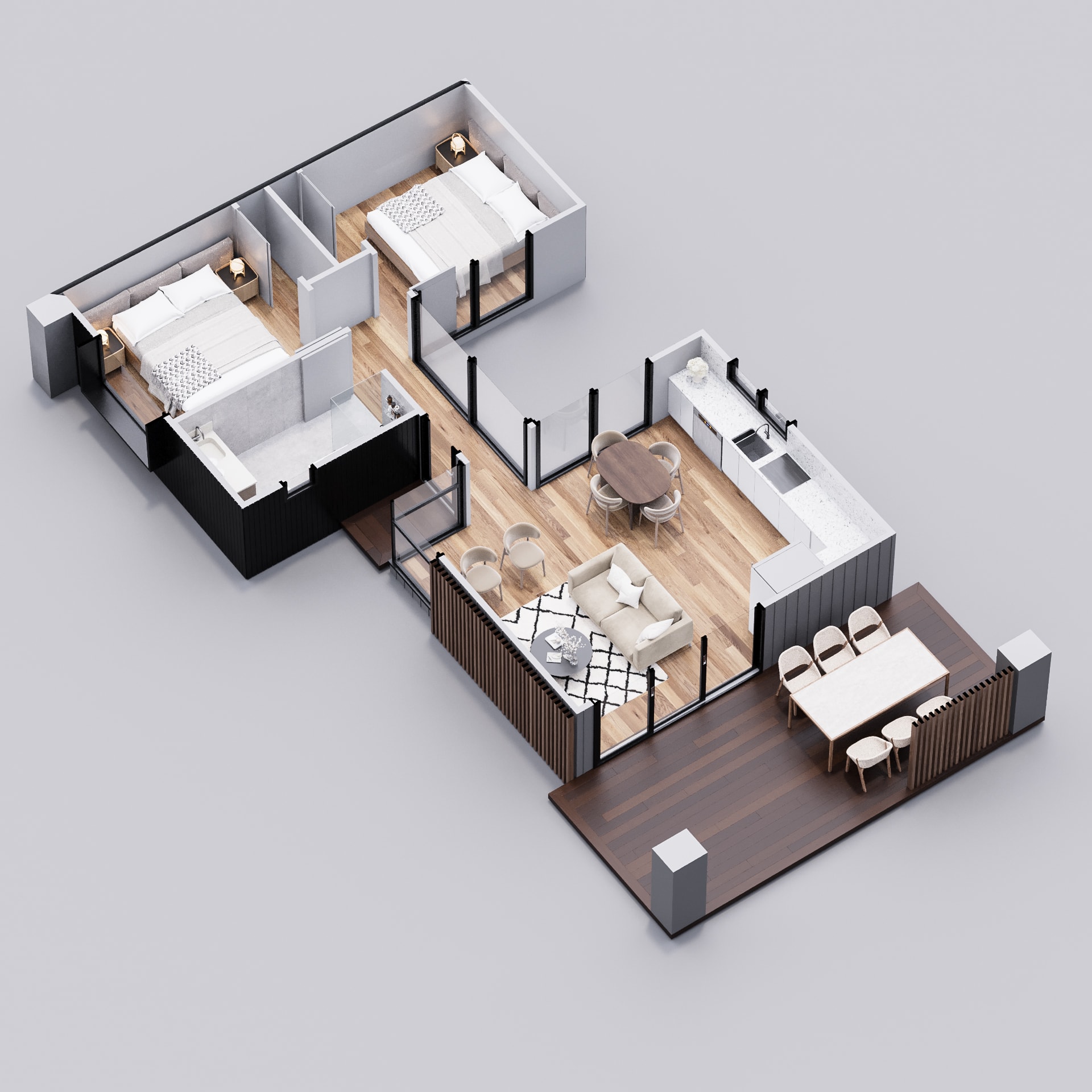 Dwellix 3 granny flat floor plan, 3D isometric view