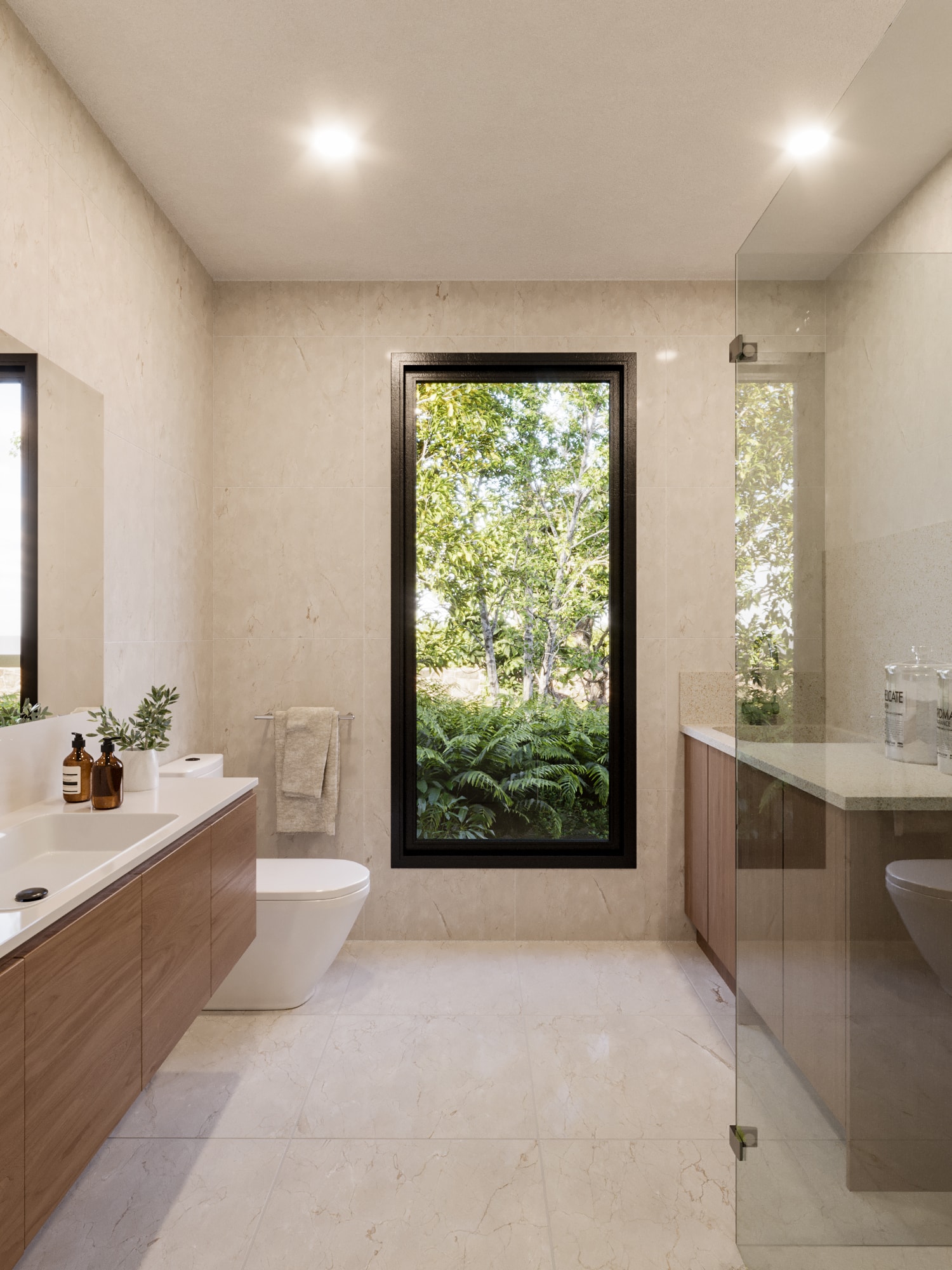 Stone-walled bathroom in a Dwellix granny flat with walnut vanity and full-height window