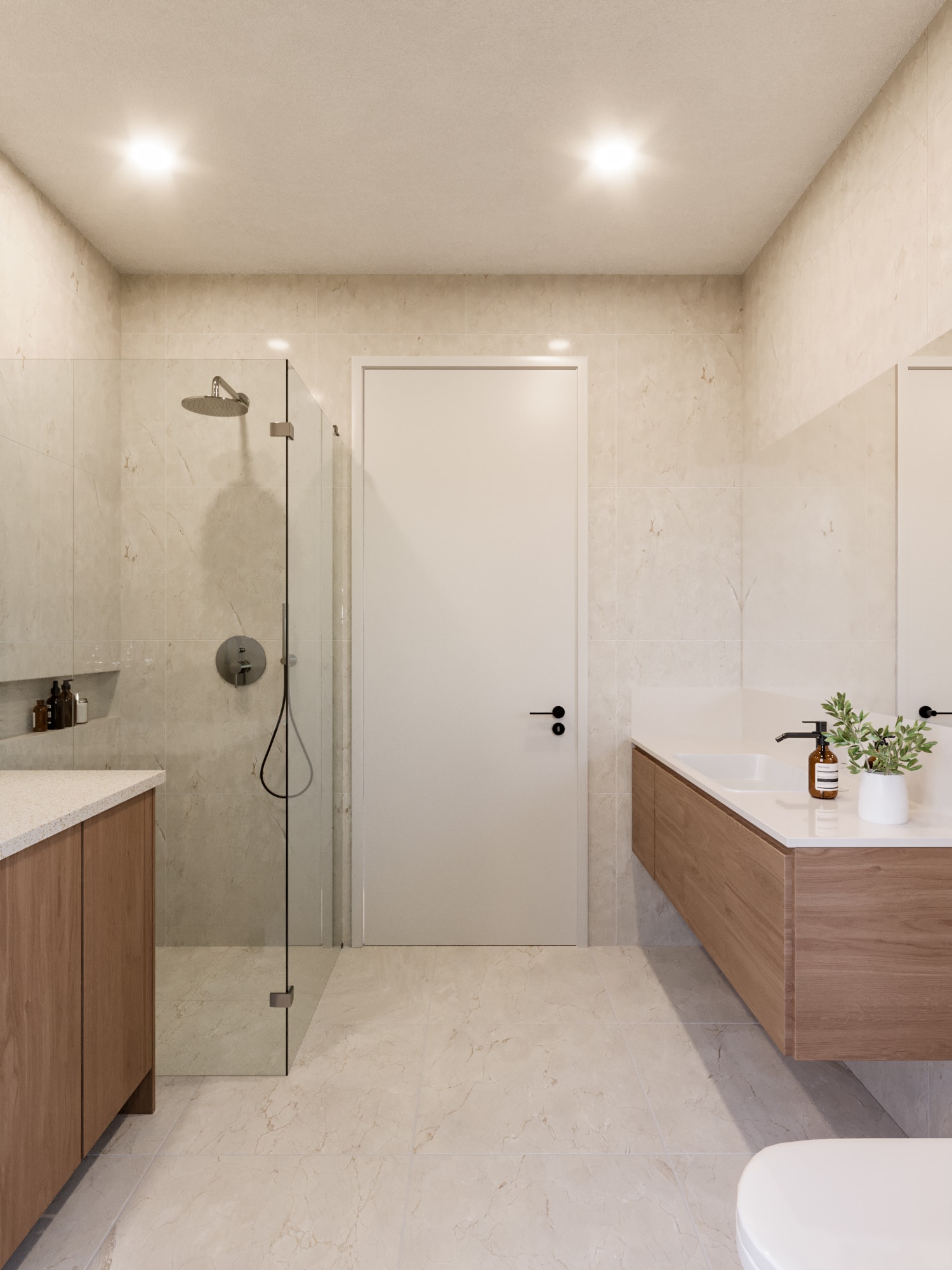 Bathroom in a Dwellix granny flat with stone finishes and walnut joinery