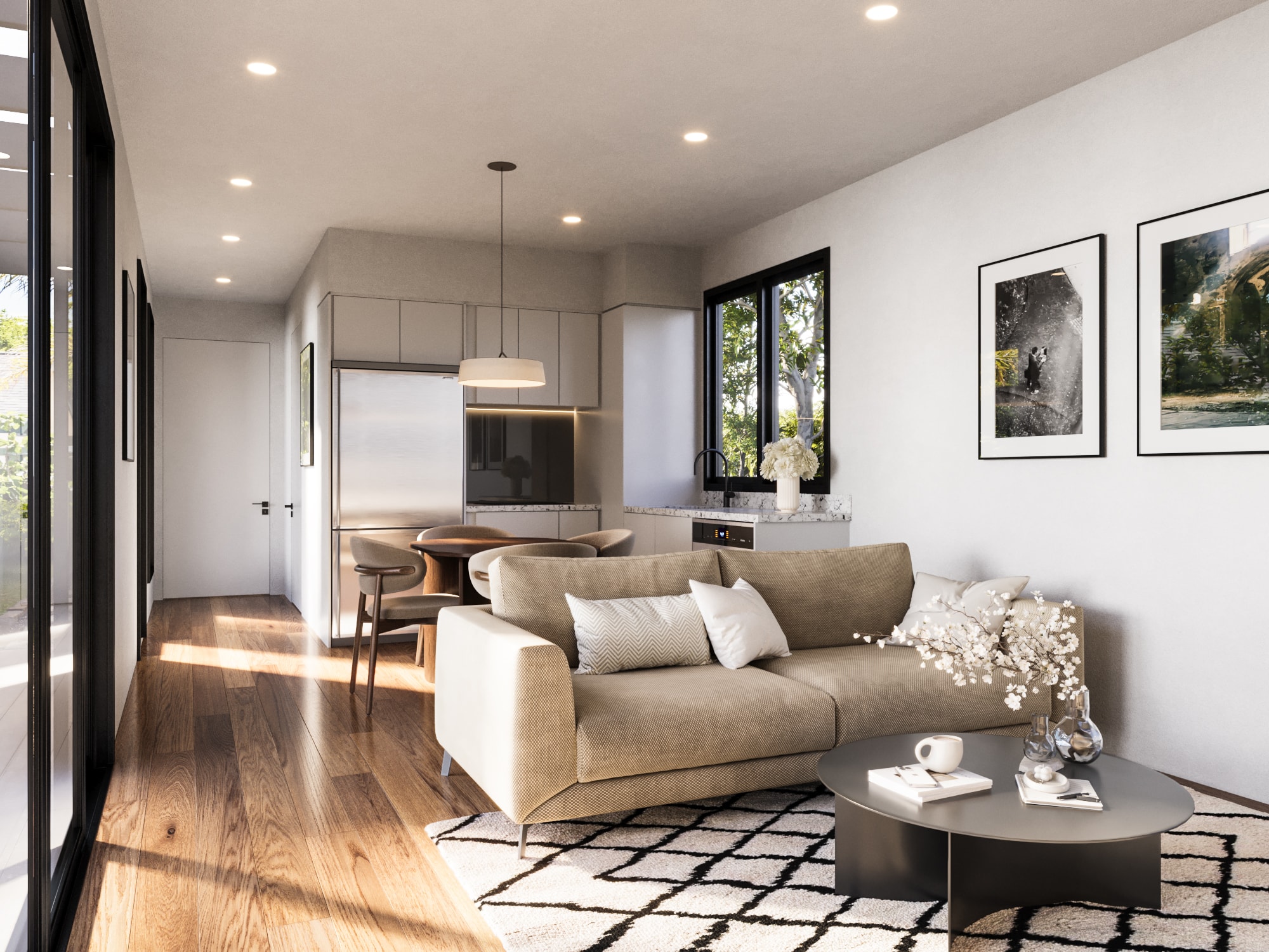 Open-plan kitchen and living in a Dwellix granny flat, with timber floors