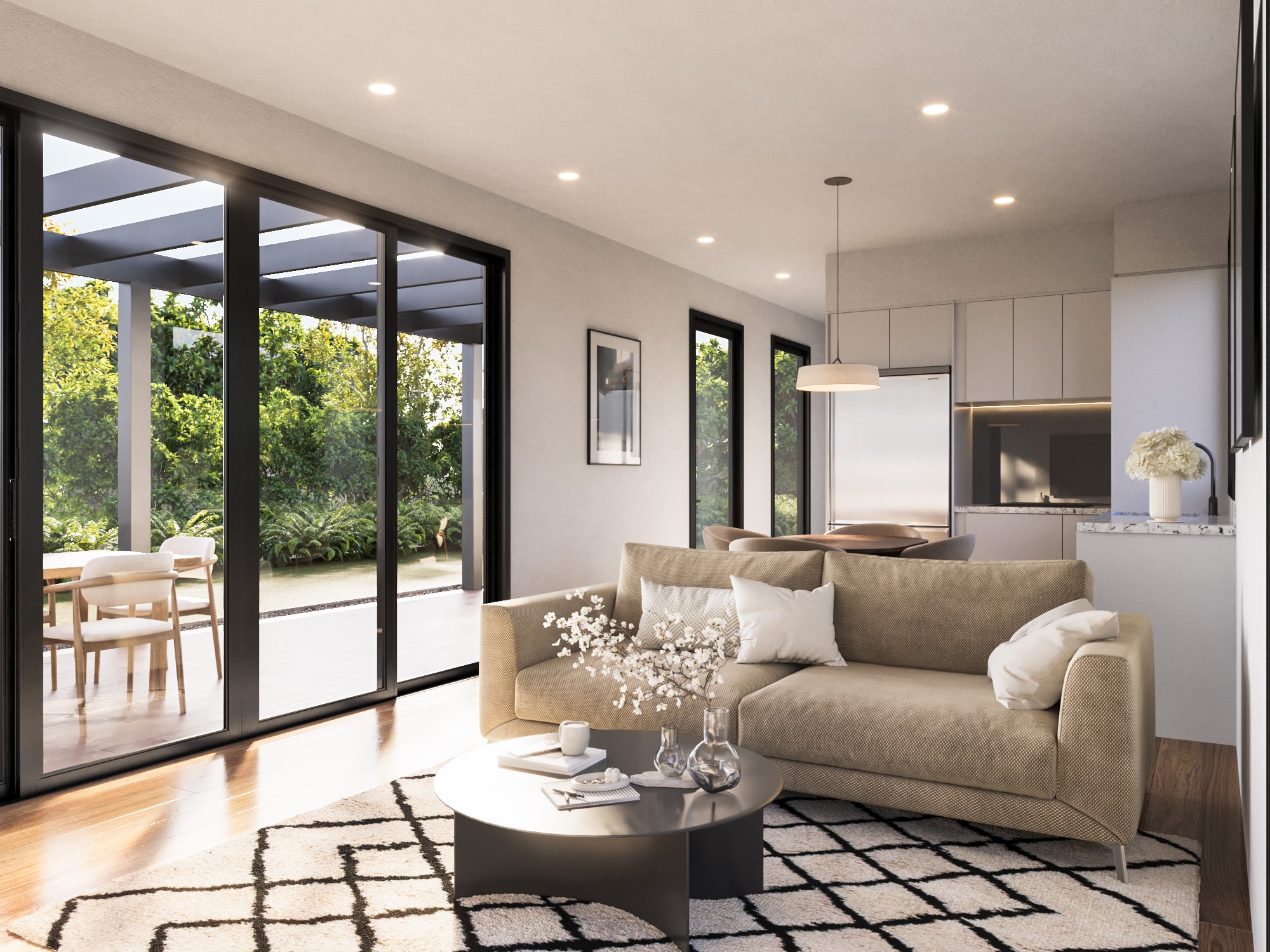 Living and dining in a Dwellix granny flat, filled with natural light