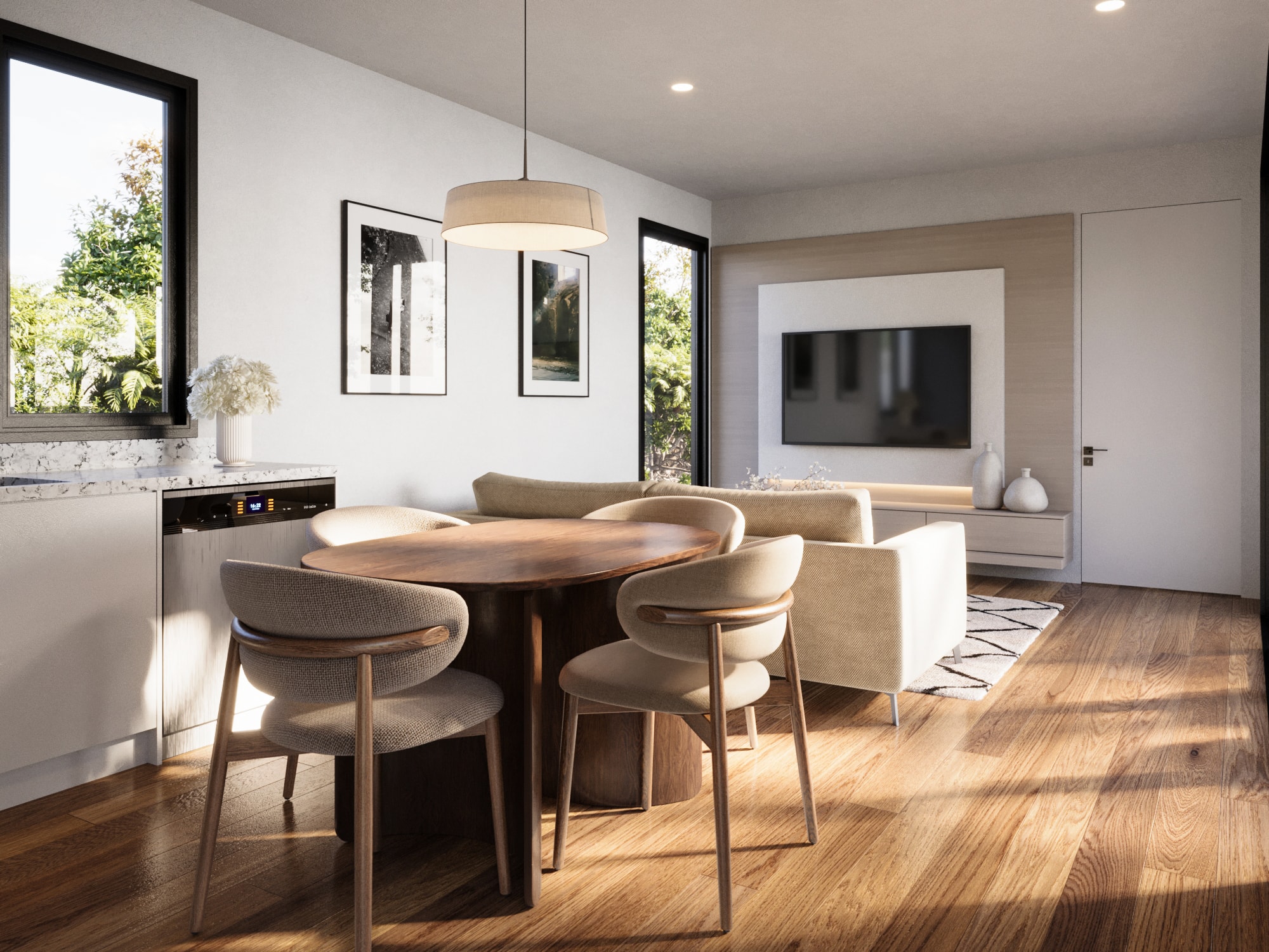 Open-plan living in a Dwellix granny flat looking out to the deck